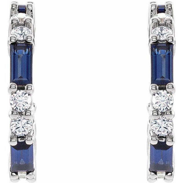 14K White Gold Straight Baguette 4 X 2 Mm Friction Back Polished Natural Blue Sapphire And 1/2 Ctw Natural Diamond Earrings