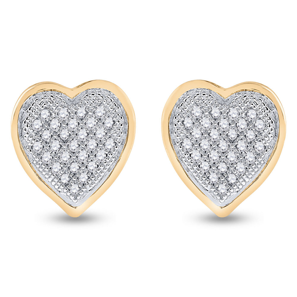 10K Yellow Gold Womens Round Diamond Heart Cluster Earrings 1/6 Cttw