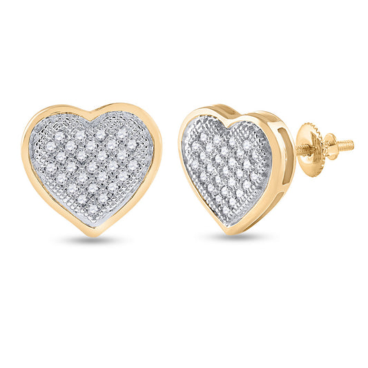 10K Yellow Gold Womens Round Diamond Heart Cluster Earrings 1/6 Cttw
