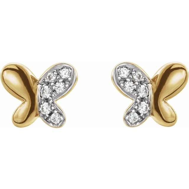 14K Yellow Gold Round Friction Back Polished .04 Ctw Natural Diamond Butterfly Youth Earrings With Backs