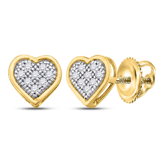 10K Yellow Gold Womens Round Diamond Heart Cluster Earrings 1/6 Cttw