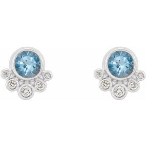 14K White Gold Round 5 Mm Natural Aquamarine And 1/8 Ctw Natural Diamond Earrings