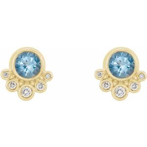 14K Yellow Gold Round 5 Mm Natural Aquamarine And 1/8 Ctw Natural Diamond Earrings