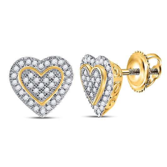 10K Yellow Gold Womens Round Diamond Heart Earrings 1/4 Cttw, Length: 0.35 In, Width: 0.37 In