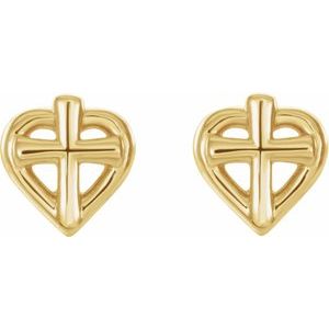 14K Yellow Gold Pair Friction Backs Cross With Heart Youth Earrings