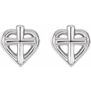 Sterling Silver Pair Friction Backs Cross With Heart Youth Earrings