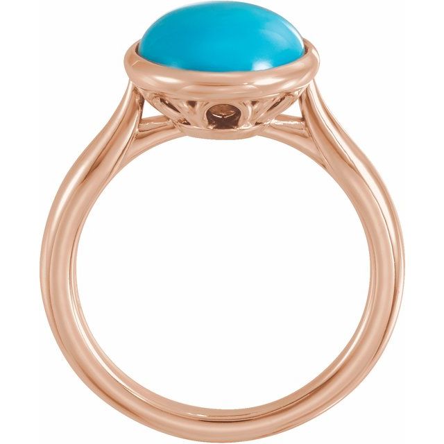 14K Rose Gold Oval 12 X 10 Mm Polished Natural Turquoise Cabochon Ring, Size 7