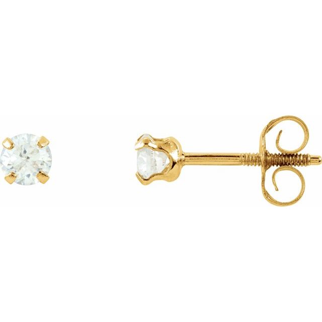 14K Yellow Gold Round 3 Mm Threaded Back Polished Youth Imitation White Cubic Zirconia Earrings