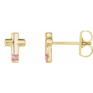 14K Yellow Gold Round Shape 1.5 Mm Natural Pink Tourmaline Cross Earrings