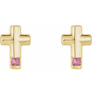 14K Yellow Gold Round Shape 1.5 Mm Natural Pink Tourmaline Cross Earrings