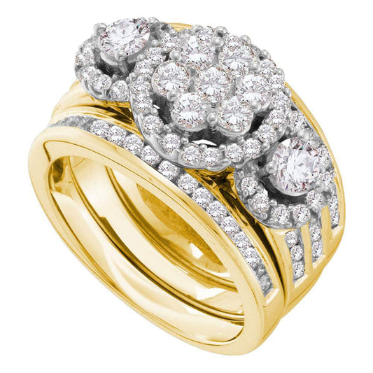 14K Yellow Gold Round Diamond 3-Piece Bridal Wedding Ring Band Set 2 Cttw, Womens Size: 5-10