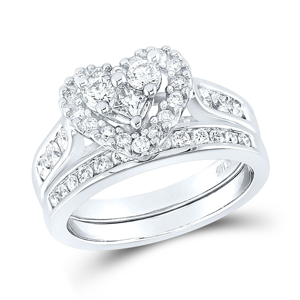 14K White Gold Princess Diamond Heart Bridal Wedding Ring Band Set 1 Cttw, Womens Size: 5-10