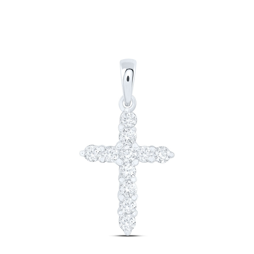 14K White Gold Womens Round Diamond Cross Religious Pendant 1/4 Cttw