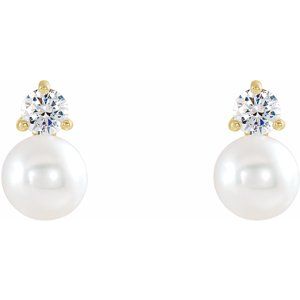 14K Yellow Gold Pearl 4.0-4.5 Mm Cultured White Freshwater Pearl And 1/8 Ctw Natural Diamond Earrings