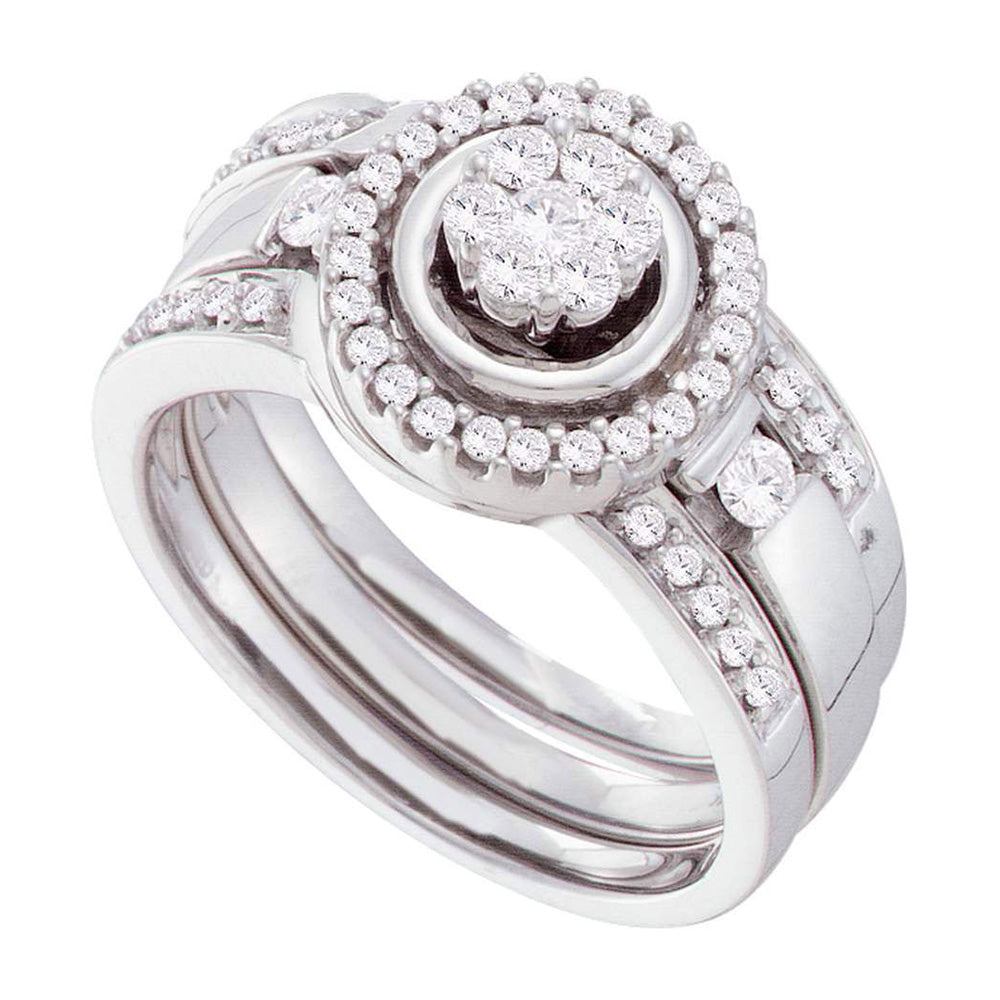 14K White Gold Diamond Cluster 3-Piece Bridal Wedding Ring Band Set 1/2 Cttw, Womens Size: 5-10