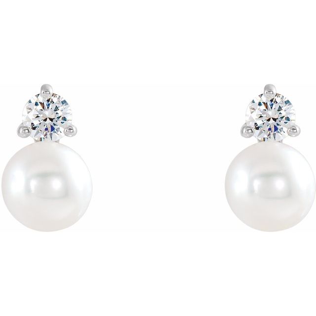 14K White Gold 4.0-4.5 Mm Friction Backs Polished Cultured White Freshwater Pearl And 1/8 Ctw Natural Diamond Earrings