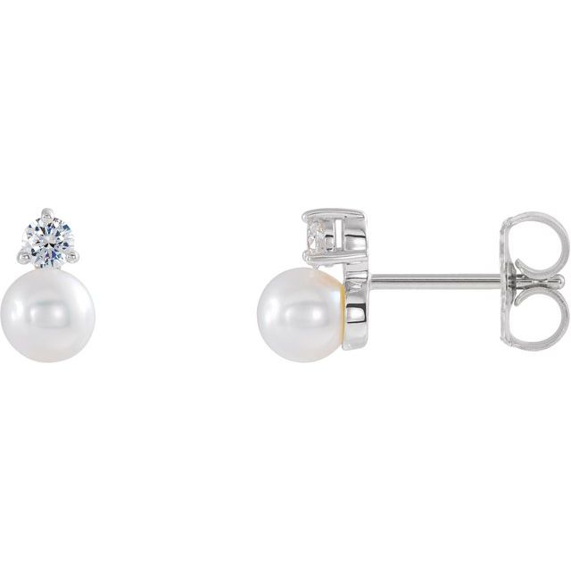 14K White Gold 4.0-4.5 Mm Friction Backs Polished Cultured White Freshwater Pearl And 1/8 Ctw Natural Diamond Earrings