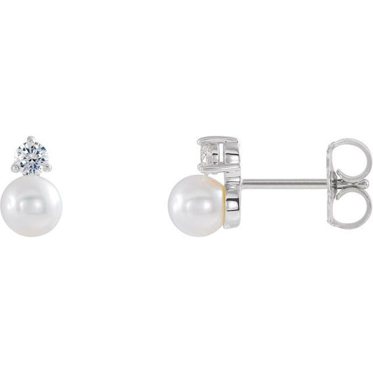 14K White Gold 4.0-4.5 Mm Friction Backs Polished Cultured White Freshwater Pearl And 1/8 Ctw Natural Diamond Earrings