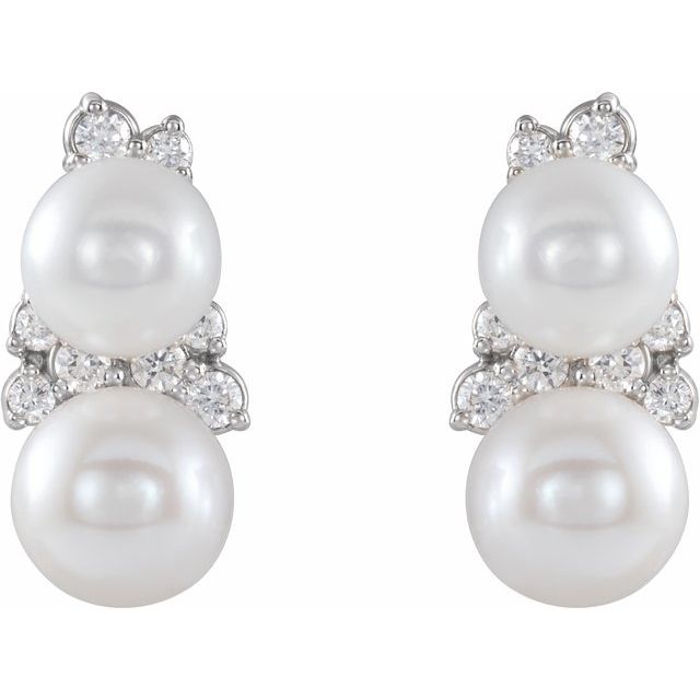 14K White Gold 5.0-5.5 Mm Friction Backs Polished Cultured White Freshwater Pearl And 1/10 Ctw Natural Diamond Ear Climbers
