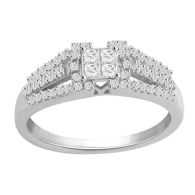 14K White Gold 0.48CT Princess and Round Diamonds Ladies Diamond Ring