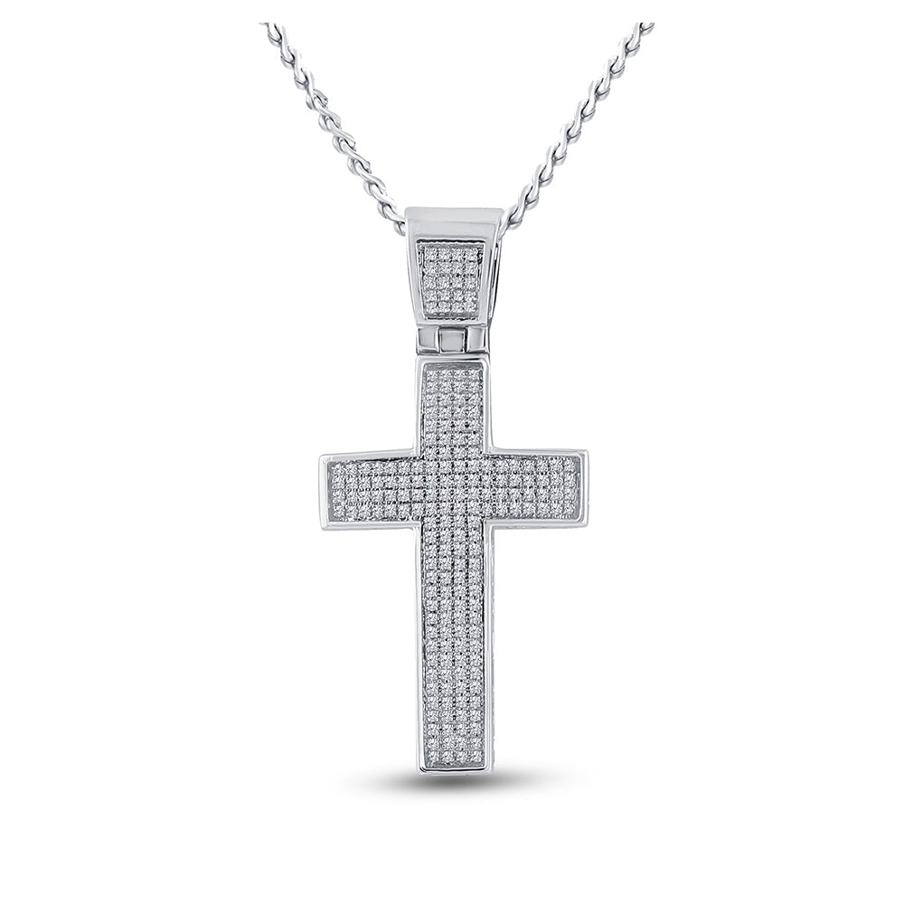 10K White Gold Mens Round Diamond Cross Charm Pendant 1/2 Cttw, Length: 1.85 In, Width: 0.89 In