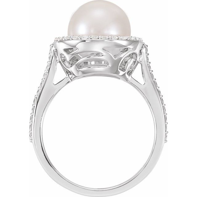 14K White Gold 9.5-10.0 Mm Polished Cultured White Freshwater Pearl And 3/8 Ctw Natural Diamond Ring, Size 7