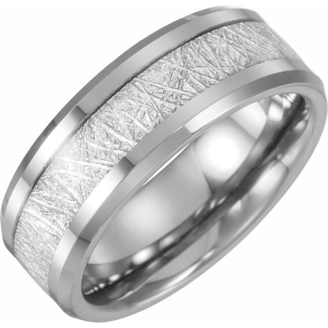 Tungsten 8 Mm Polished Beveled-Edge Imitation Meteorite Inlay Comfort-Fit Band