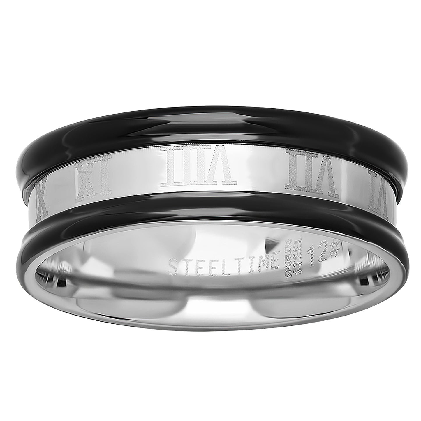 Stainless Steel Mens Two-tone Concave Roman Numbers Black Edges Comfort-fit Fashion Bridal Anniversary Wedding Engagement Band Ring