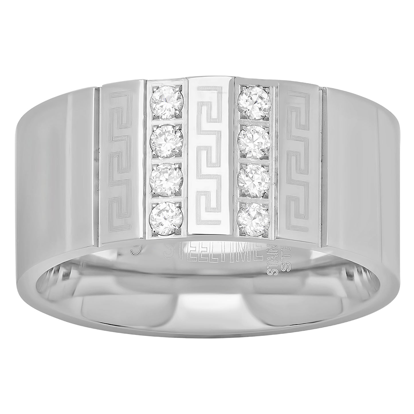 Stainless Steel Mens Cubic Zirconia Double Lines Greek Key Comfort-fit Fashion Bridal Anniversary Wedding Engagement Band Ring
