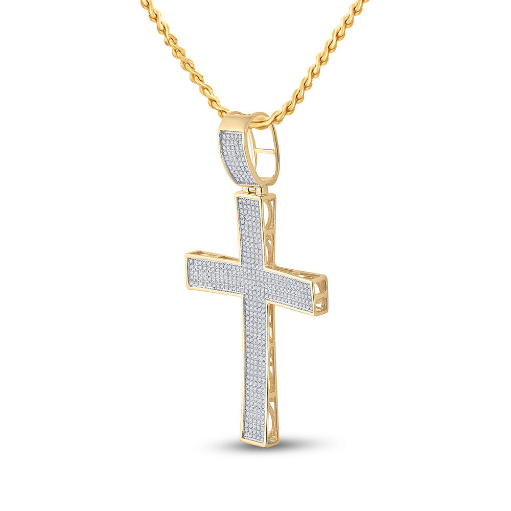 10K Yellow Gold Mens Round Diamond Cross Charm Pendant 1 Cttw, Length: 2.83 In, Width: 1.5 In