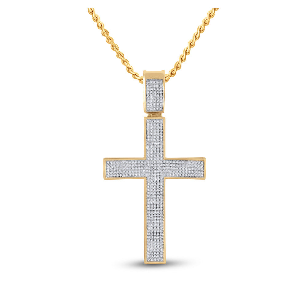 10K Yellow Gold Mens Round Diamond Cross Charm Pendant 1 Cttw, Length: 2.83 In, Width: 1.5 In