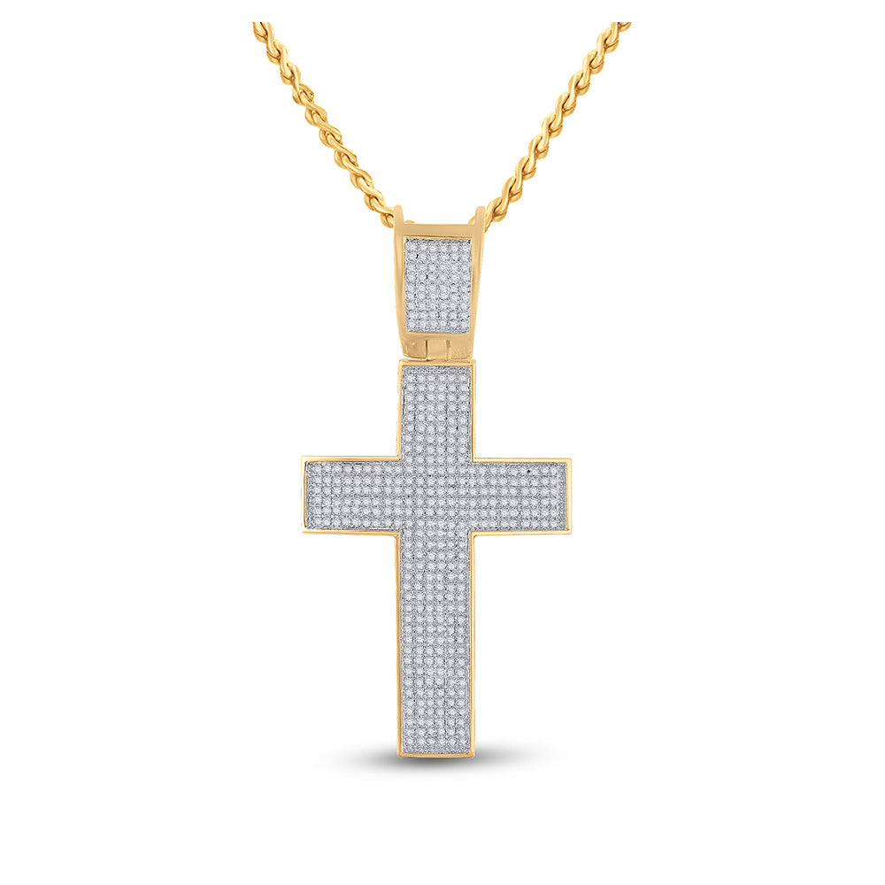 10K Yellow Gold Mens Round Diamond Cross Charm Pendant 1 Cttw, Length: 2.3 In, Width: 1.16 In