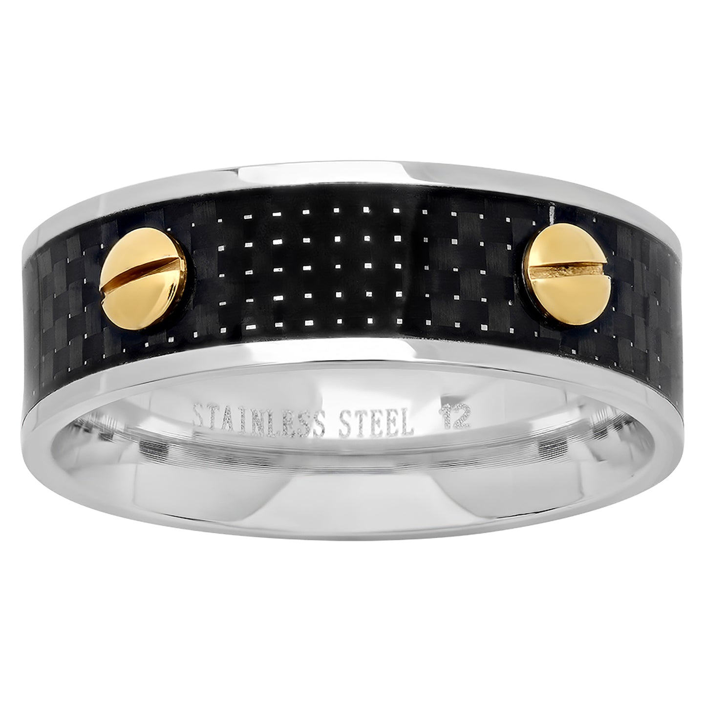 Stainless Steel Mens Yellow Screw Black Carbon Fiber Inlay Sizes 9 - 12 Comfort-fit Fashion Bridal Anniversary Wedding Engagement Band Ring
