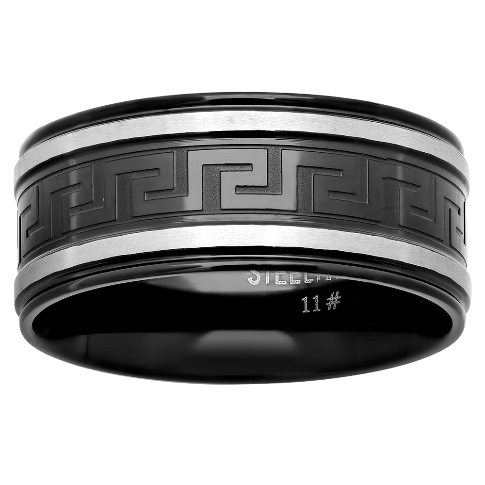 Stainless Steel Mens Two-tone Greek Key Pattern Center Black Comfort-fit Fashion Bridal Anniversary Wedding Engagement Band Ring