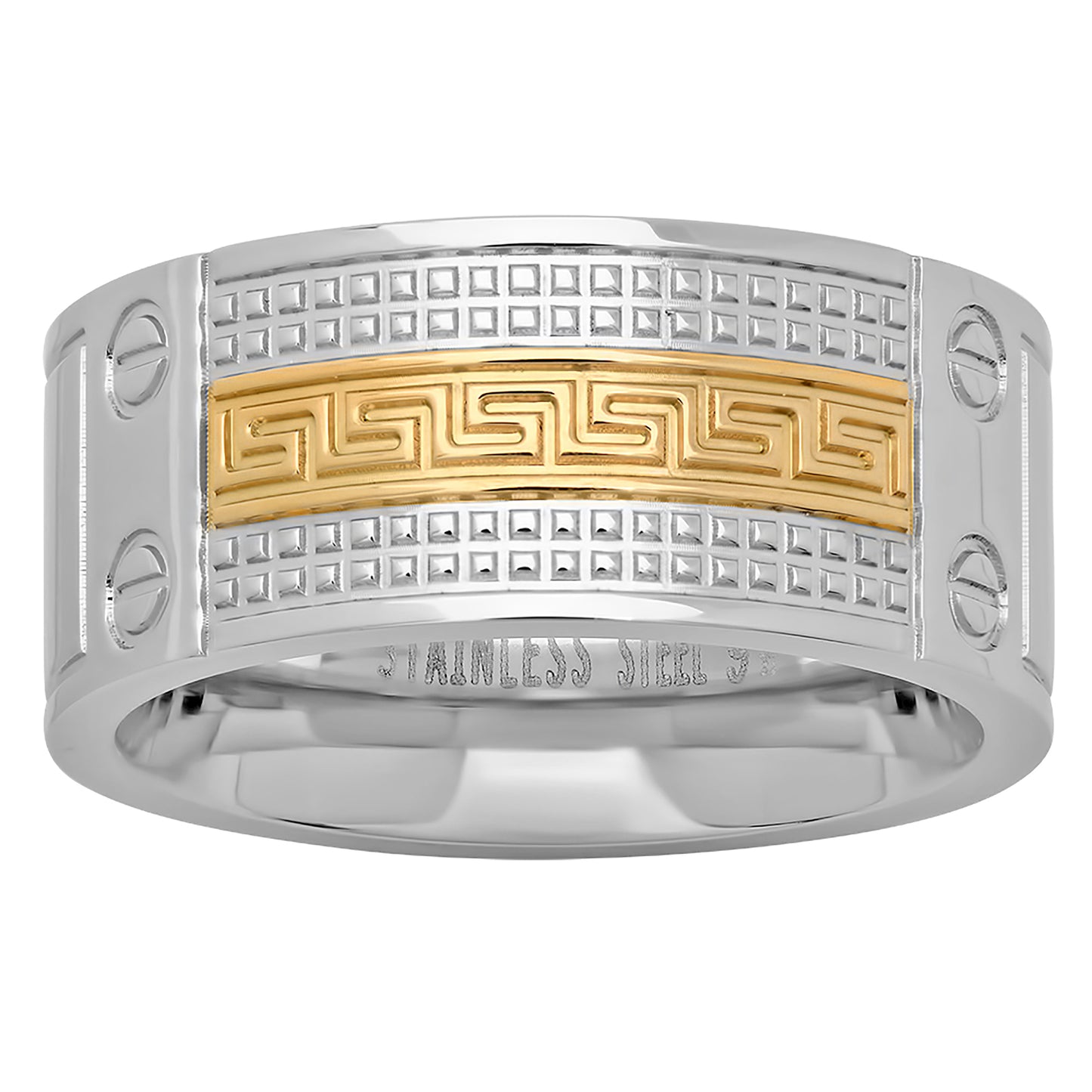 Stainless Steel Yellow-tone Mens Greek Key Pattern Comfort-fit Fashion Bridal Anniversary Wedding Engagement Band Ring
