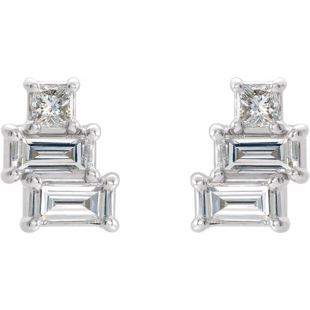 14K White Gold Pair Friction Back Polished 1/4 Ctw Natural Diamond Geometric Cluster Earrings
