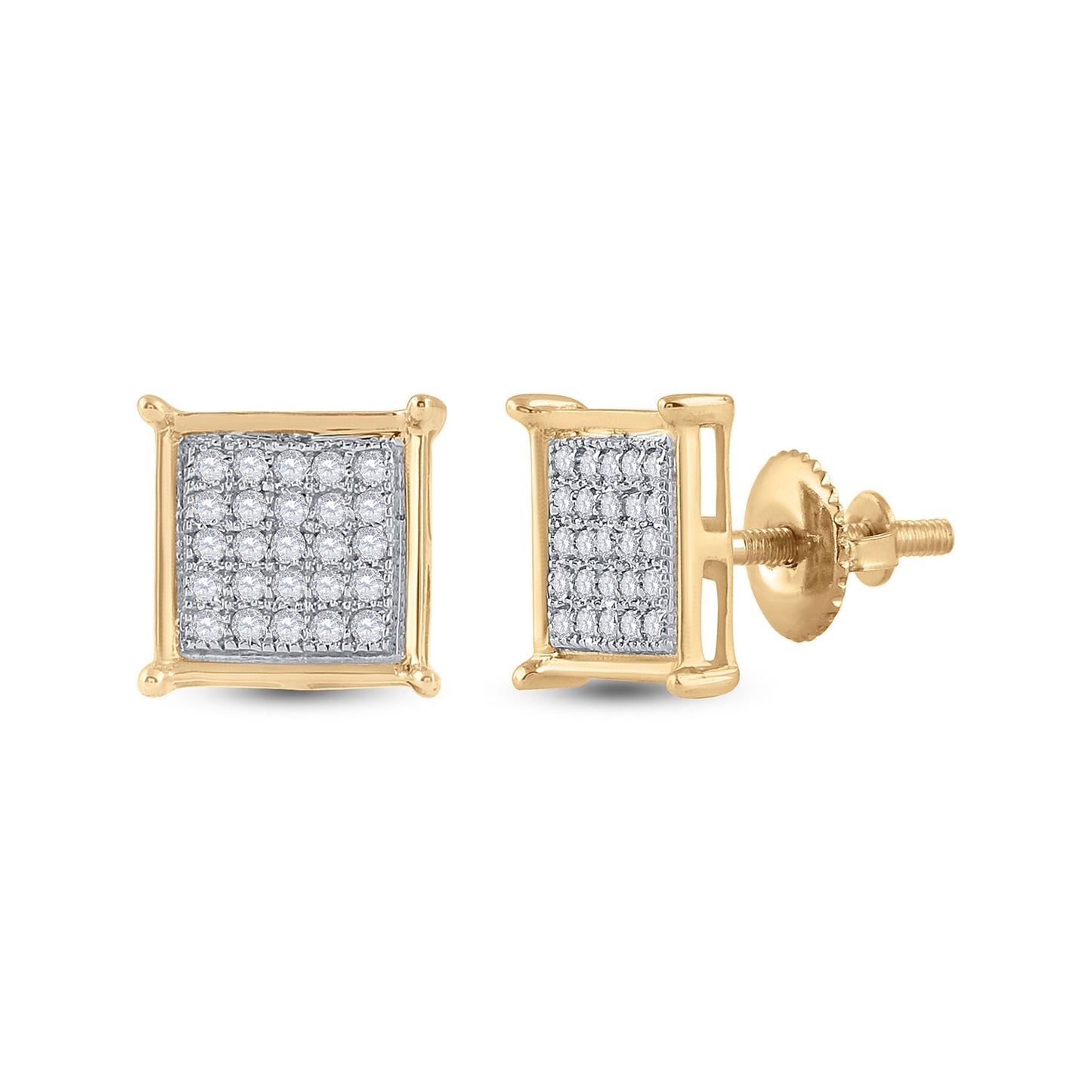 10K Yellow Gold Womens Round Diamond Square Earrings 1/6 Cttw