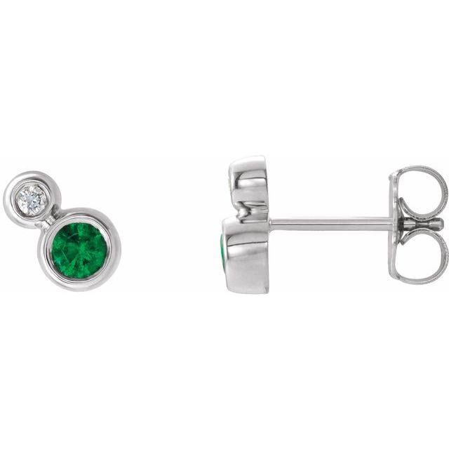 Sterling Silver 3 Mm Round Friction Back Polished Lab-Grown Emerald And .03 Ctw Natural Diamond Earrings