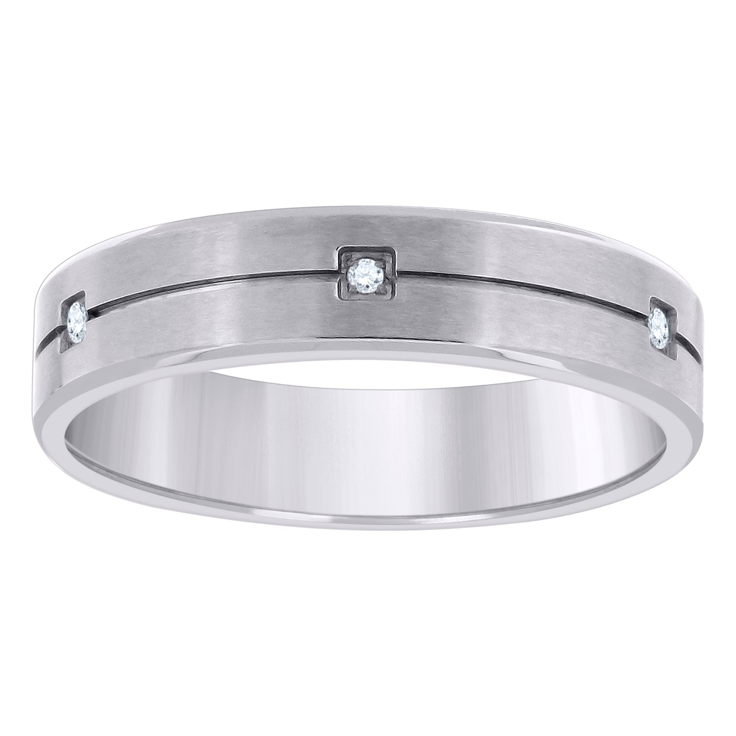 Stainless Steel Men's Cubic Zirconia Center Grooved Brushed Comfort-Fit Fashion Bridal Anniversary Wedding Engagement Band Ring