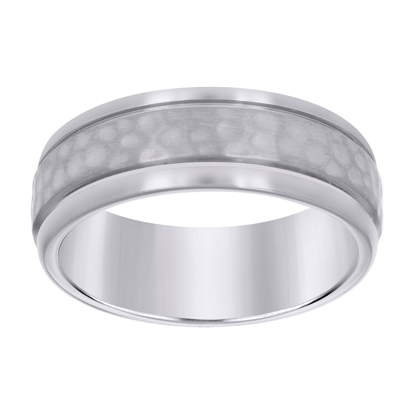 Stainless Steel Mens Double Grooved Center Hammered Comfort-Fit Fashion Bridal Anniversary Wedding Engagement Band Ring