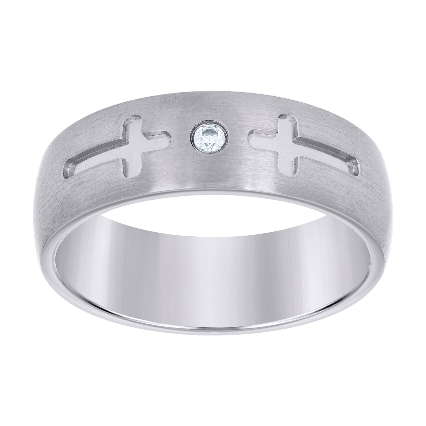Stainless Steel Mens Cubic Zirconia Cross Brushed Comfort-Fit Fashion Bridal Anniversary Wedding Engagement Band Ring