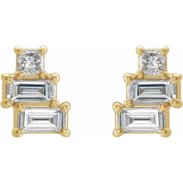 14K Yellow Gold Straight Baguette Friction Back Polished 1/4 Ctw Natural Diamond Geometric Cluster Earrings