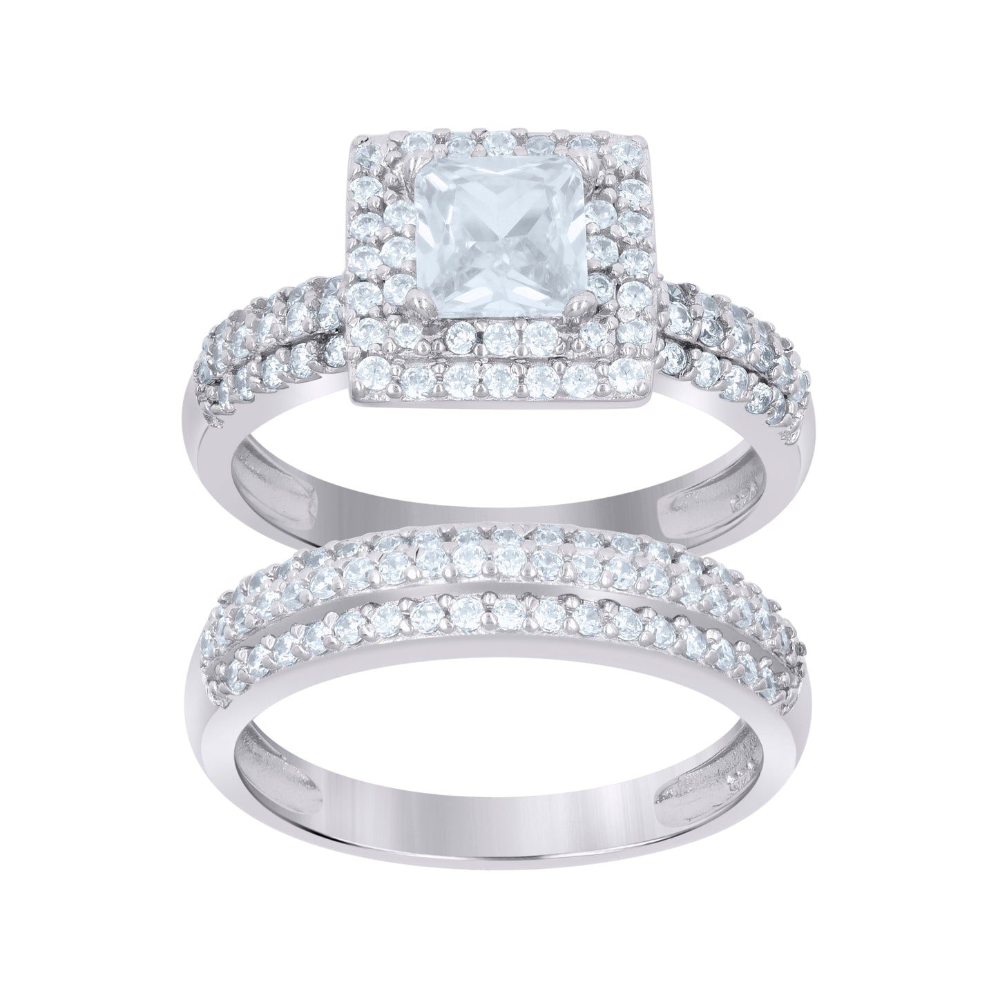 Sterling Silver Womens Cubic Zirconia Sizes 6 To 10 Princess-Cut Center Stone Bridal Set Anniversary Engagement Wedding Ring