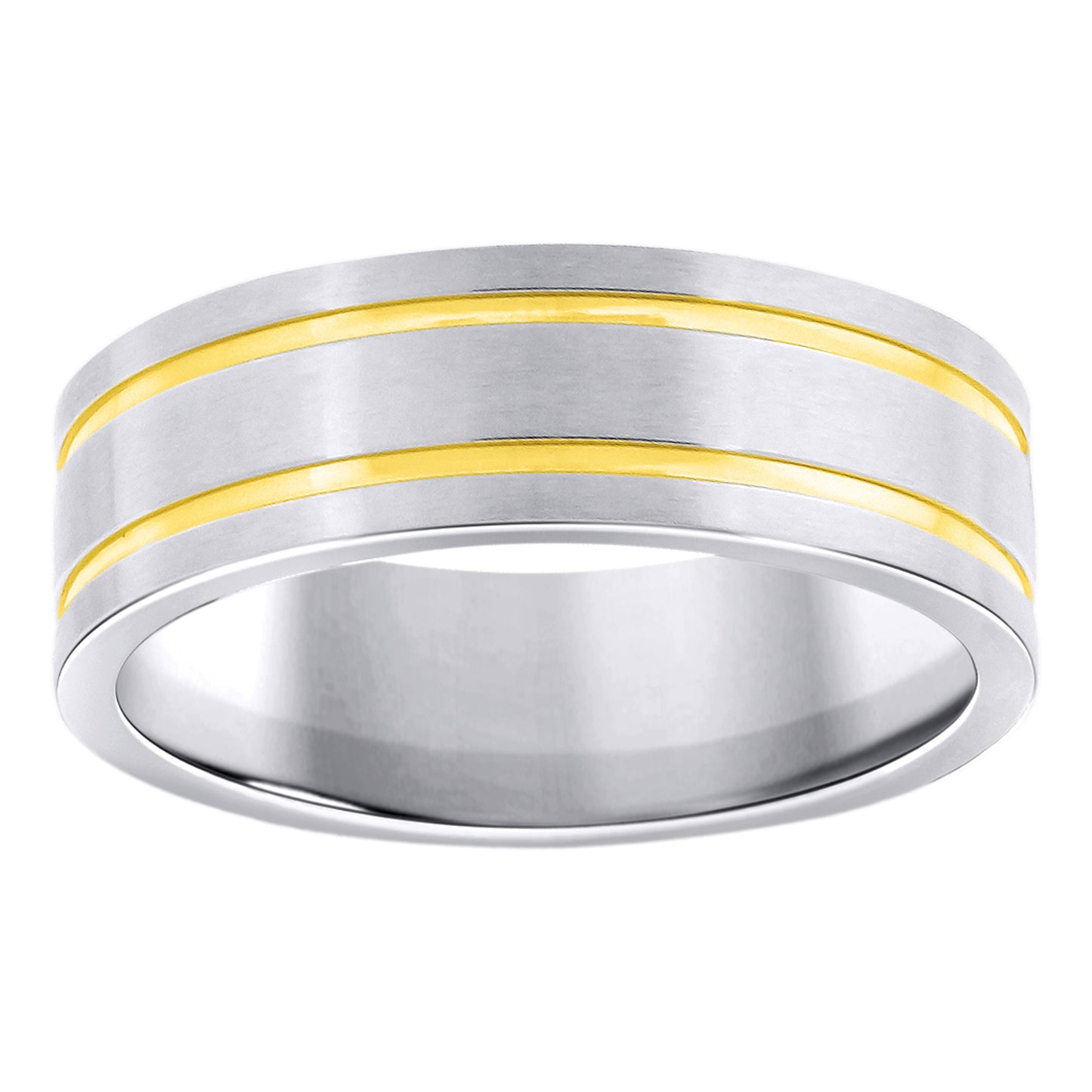 Stainless Steel Mens Two-Tone Double Grooved Brushed Comfort-Fit Fashion Bridal Anniversary Wedding Engagement Band Ring