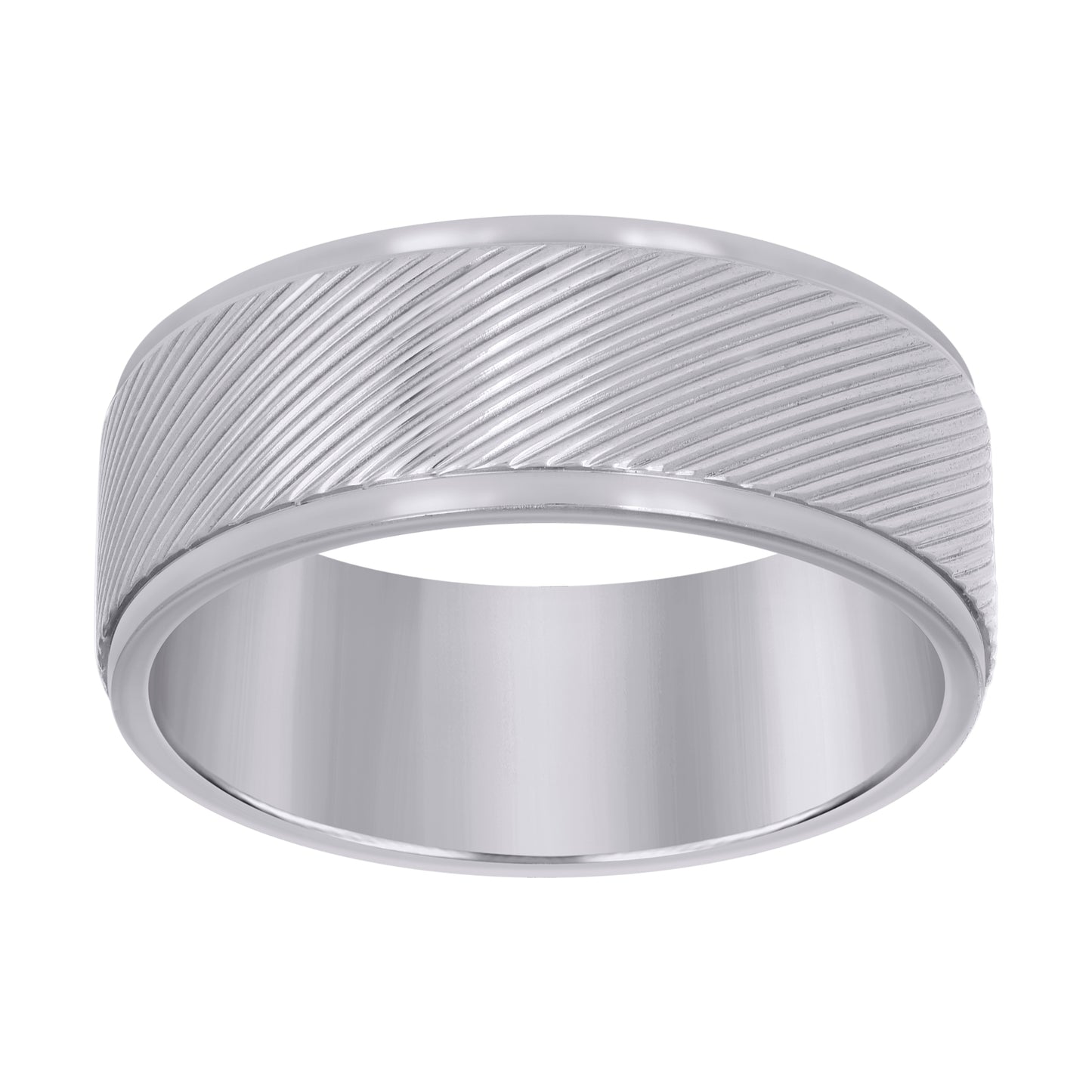 Stainless Steel Mens Laser Cut Diagonal Lines Step Edges Sizes 7 - 14 Comfort-Fit Fashion Bridal Anniversary Wedding Engagement Band Ring
