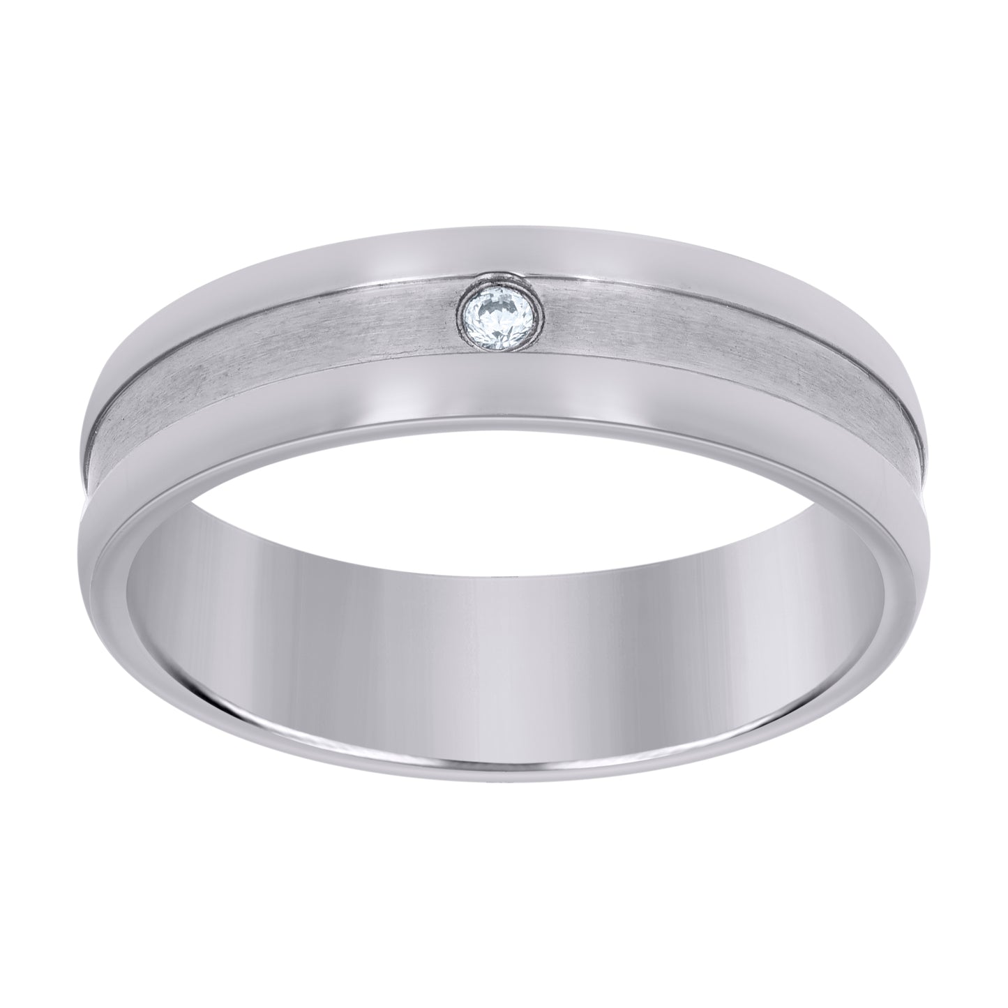 Stainless Steel Mens Cubic Zirconia Center Brushed Grooved Comfort-Fit Fashion Bridal Anniversary Wedding Engagement Band Ring