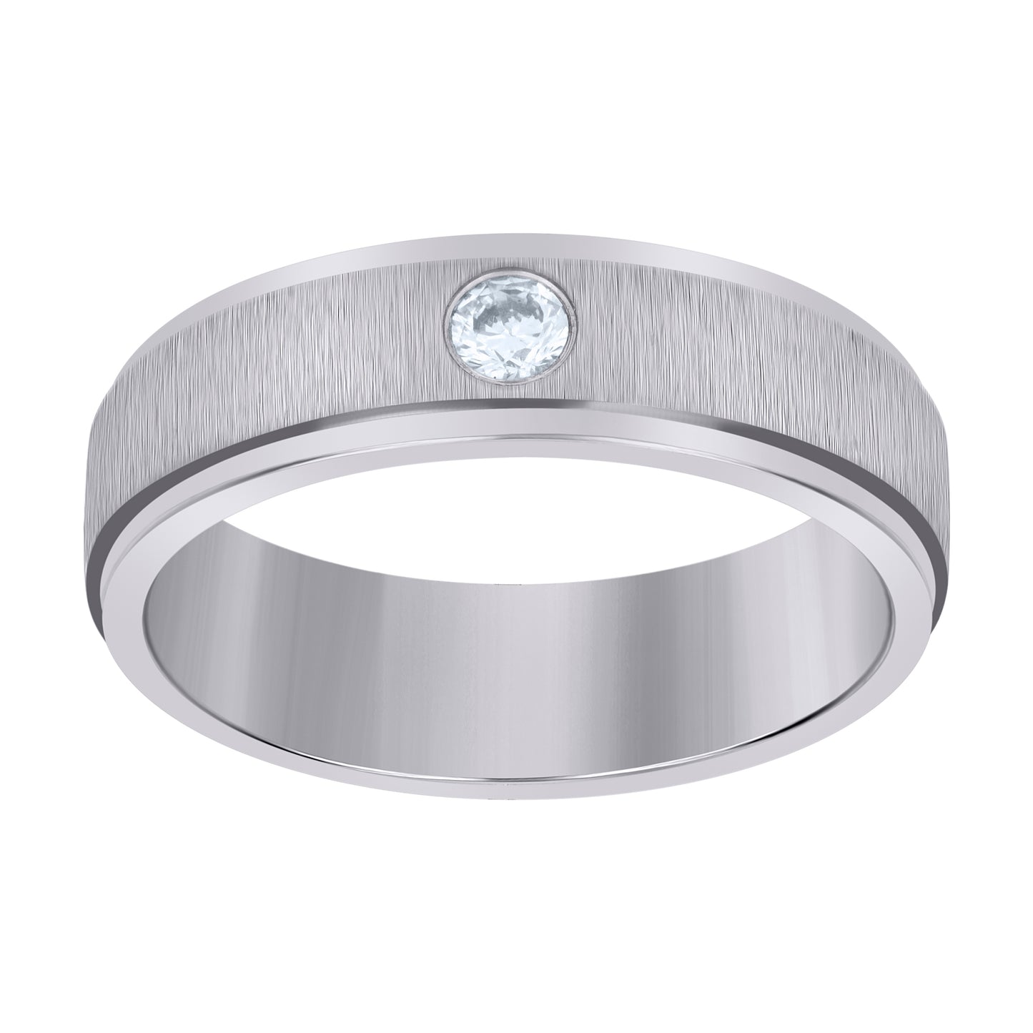 Stainless Steel Mens Cubic Zirconia Center Brushed Step Edges Comfort-Fit Bridal Anniversary Wedding Engagement Band Ring