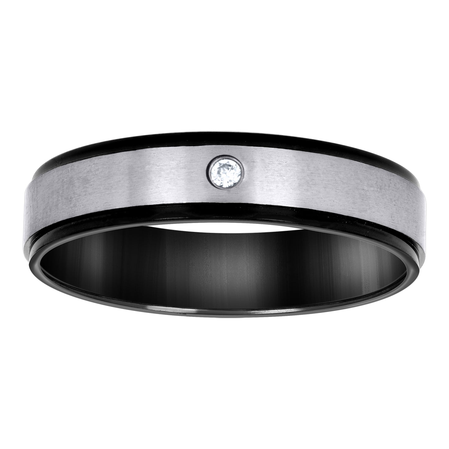Stainless Steel Mens Cubic Zirconia Two-Tone Black Center Brushed Comfort-Fit Bridal Anniversary Wedding Engagement Band Ring