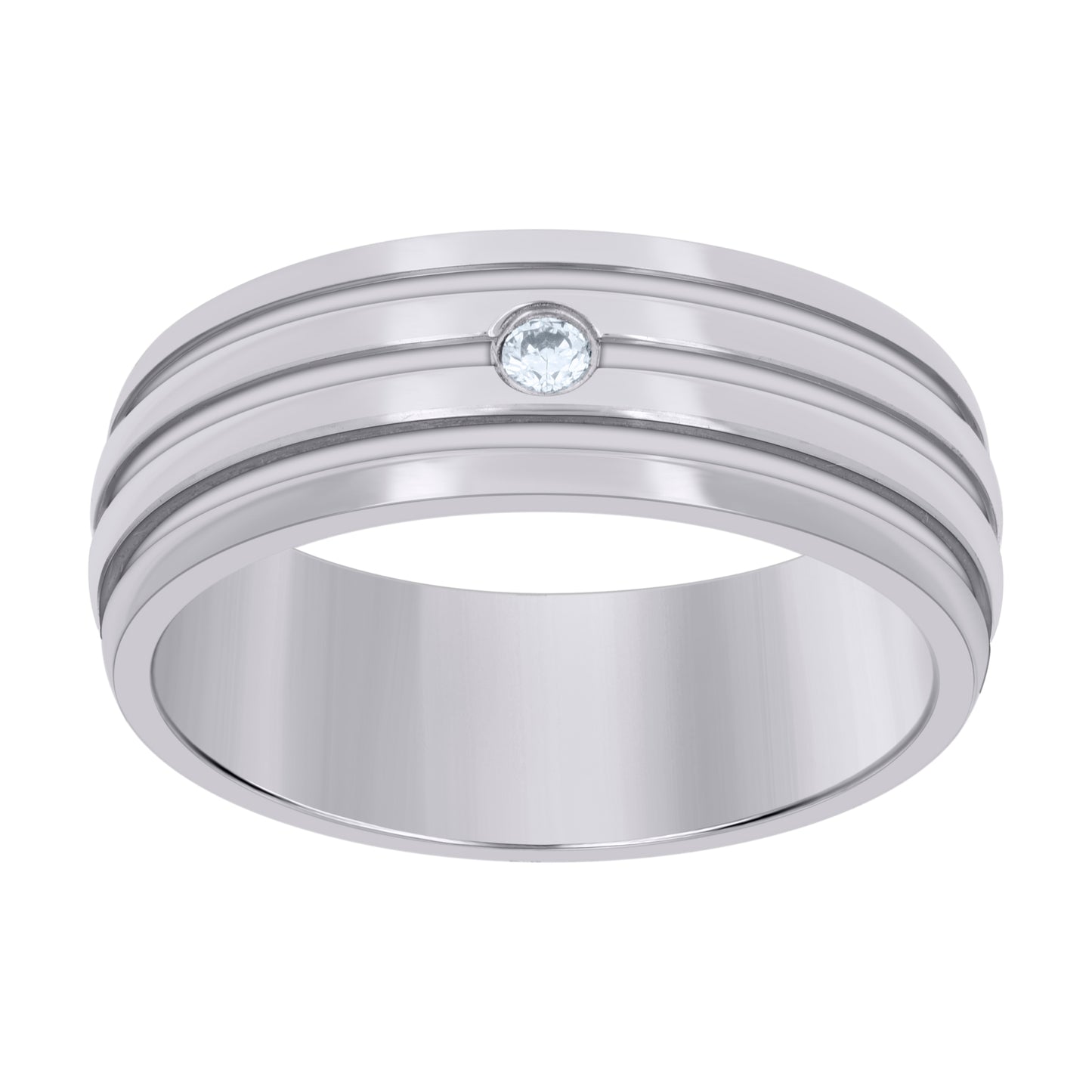 Stainless Steel Mens Cubic Zirconia Triple Grooved Polished Comfort-Fit Fashion Bridal Anniversary Wedding Engagement Band Ring