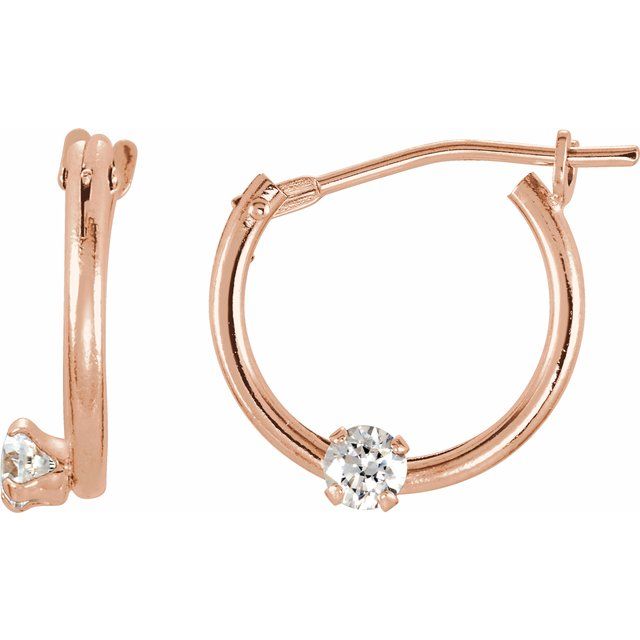 14K Yellow Or Rose Gold Round 10.5 Mm X 2.3 Mm 2.5 Mm Pair Catch Polished Imitation Cubic Zirconia Youth Hinged Hoop Earrings